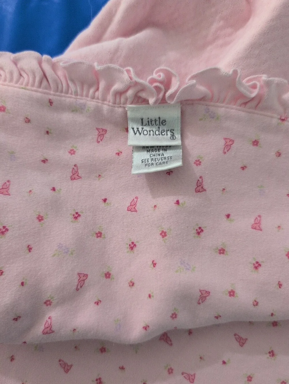 Little Wonders Pink Ruffle Baby Blanket with Tiny Bird & Floral Motif.